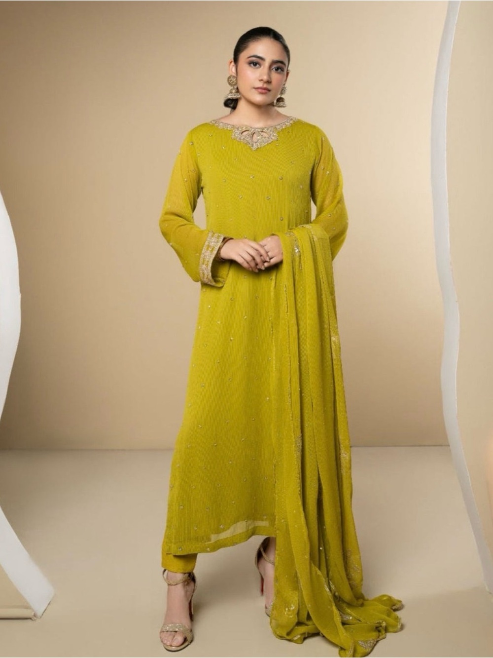 Elegant Mustard Green Embellished Women's Dress